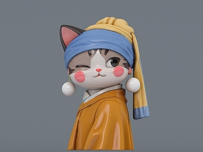 新古典卡通化雕塑摆件 戴珍珠的猫咪美陈 猫咪美陈