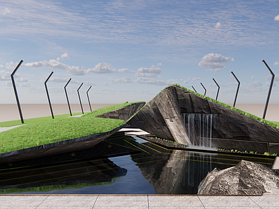 现代办公园区景观 中轴景观 产业园 跌水 地形