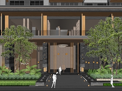 现代轻奢高层住宅 住宅入户门头景观 首层架空 豪宅大平层建筑