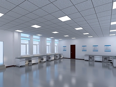 现代简约实验室 矿棉板吊顶 环氧地坪 钢木实验台 实验滑轮椅 角柜
