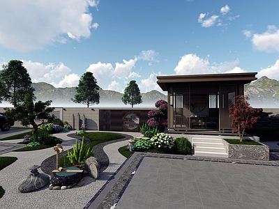 中古新中式别墅庭院 庭院围墙 小菜园 溪流鱼池 景观亭 禅意造景