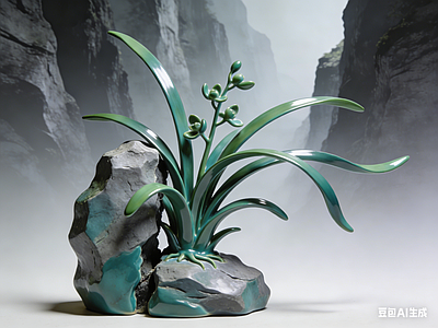 现代新中式雕塑摆件 兰花 雕塑 美陈 摆件 AIGC