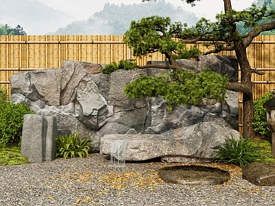 日式庭院小品 现代日式别墅庭院 日式庭院花园小品 景墙跌水小品 枯山水庭院小品 景石松树