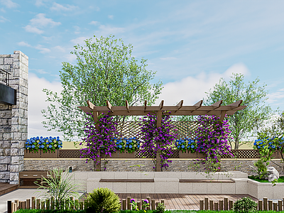 现代极简乡村庭院 庭院 廊架 坐凳 花池 铺装