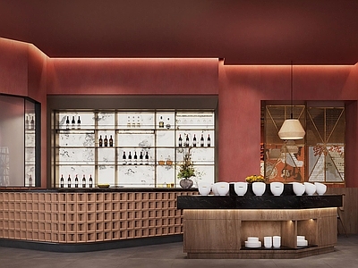 现代轻奢火锅店 现代复古火锅店 前台收银 调料台 红色艺术涂料 酒柜