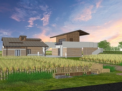 新中式现代展览馆建筑 稻田民宿 乡村建筑 二层小屋 坡屋顶建筑