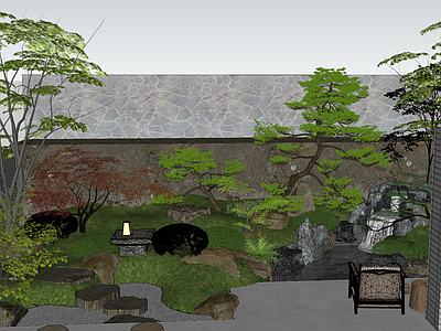 日式现代别墅庭院 日式庭院 小庭院 枯山水 假山水景