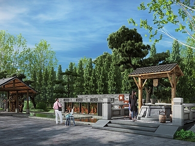 新中式文旅项目景观 亭廊 水车 乡村景观 特色景墙 水井