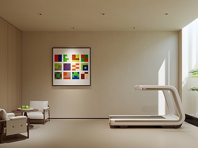 现代简约健身房 家装健身房 跑步机 单人沙发 挂画