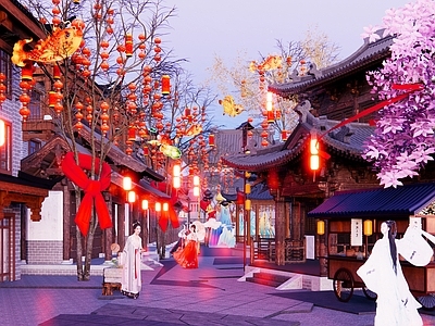 新中式中式商业街 文化主题街区美陈 不夜城景观氛围 文化街区夜景亮化 老街春节氛围美陈 步行街不夜城街区