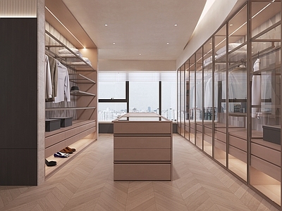 现代简约衣帽间 现代大平层衣帽间 中岛收纳柜 意式玻璃门衣柜 开放式衣帽间 衣服鞋帽