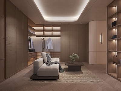 原木奶油风衣帽间 中古原木衣帽间 休闲沙发换鞋凳 竹编推拉移门柜体 木制柜体