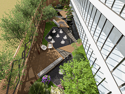 现代轻奢办公园区景观 办公园区景观 休闲花园 镜面水 木平台