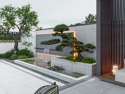 中式别墅庭院 别墅庭院 乡村别墅庭院花园 流水景墙 凉亭
