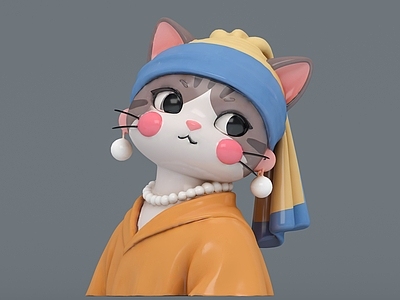 Q版拟物风雕塑摆件 戴珍珠的猫咪美陈 雕塑 喵咪