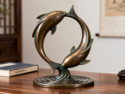 新中式中式雕塑摆件 中式双鱼摆件 中式装饰摆件 中式书桌摆件 鱼雕塑