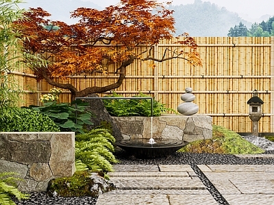 现代日式别墅庭院 现代日式别墅庭院 日式枯山水庭院 日式庭院花园小品 水钵庭院小品 蕨类植物堆
