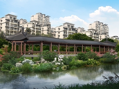 中式新中式古建筑 廊桥 重檐 亭 中式廊桥