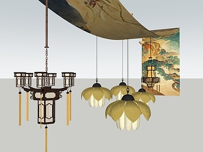 新中式禅意灯具组合 荷花灯 新中式灯具 灯具组合 宫殿灯具 仿古灯