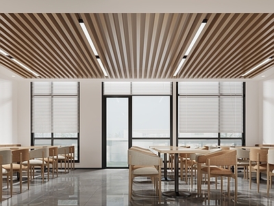 原木风学生食堂 餐厅 餐桌 格栅吊顶 原木风