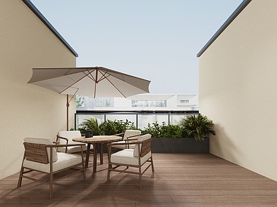 新中式阳台 餐厅露台 露台桌子 遮阳伞 休息椅