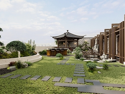 新中式景观屋顶花园 新中式庭院花园 假山水景 鱼池 亭子 长廊