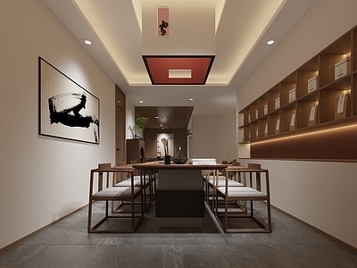 新中式茶馆 六人餐桌 餐厅装饰画 茶桌