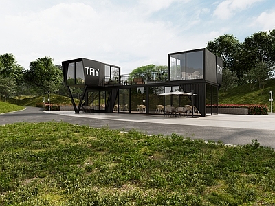 现代主义餐饮建筑 公园 集装箱 咖啡 商业建筑 草地