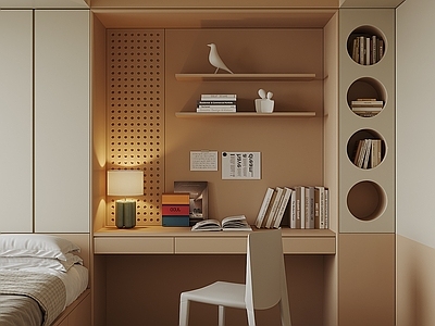 奶油风榻榻米卧室 榻榻米卧室 书桌一体柜