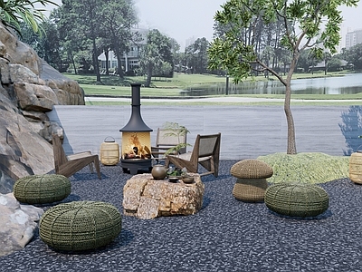 现代新中式乡村庭院 别墅庭院花园 野趣生态户外 砾石火炉 休闲椅 茶几