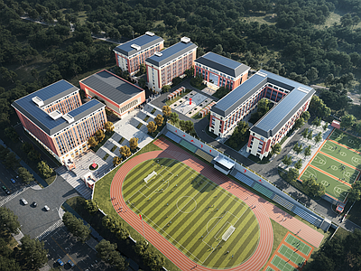 新中式学校建筑 教学楼学校 学校操场 新中式学校 红砖学校 坡屋顶建筑