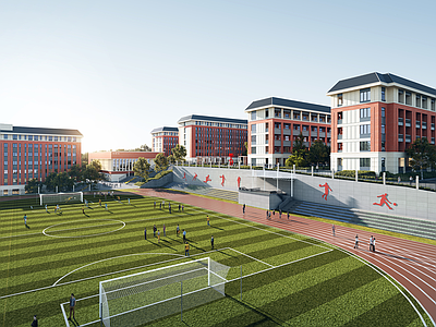 新中式学校建筑 教学楼学校 学校操场 新中式学校 红砖学校建筑 坡屋顶建筑