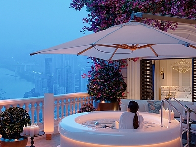 欧式轻奢阳台 户外遮阳伞 圆形浴缸 户外沙发 花艺装饰 氛围蜡烛