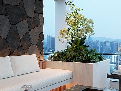 现代轻奢阳台 户外沙发 壁炉茶几 石材背景墙 绿植造景 玻璃酒具