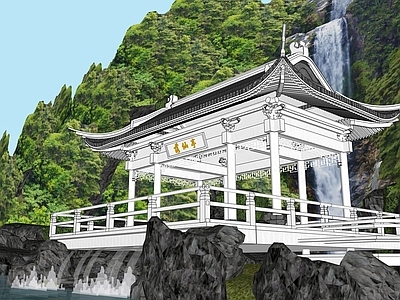 新中式中式古建筑 水榭 亭台楼阁 传统水阁 四角楼阁