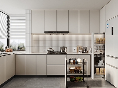现代简约封闭式厨房 小空间厨房 蔬菜推车 零食柜 U型厨房