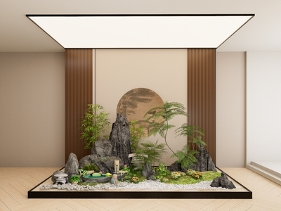新中式日式办公景观 室内绿植景观小品 天井景观 假山置石景观 室内造景