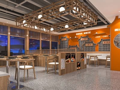 新中式火锅店 餐饮店 饭店 餐馆 餐桌椅 前台 灯笼 烤肉冷箱柜