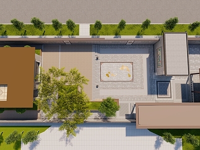 新中式中式别墅庭院 屋顶花园 庭院花园 中式廊架 中式壁画