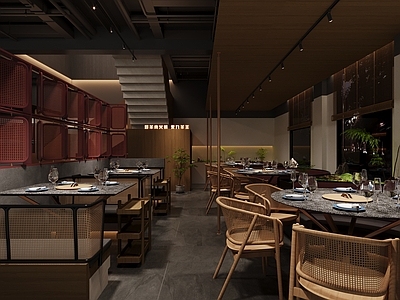 新中式火锅店 隔断 楼梯 景观