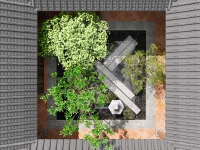 现代庭院小品 天井庭院景观 庭院小品 景观造景 汀步 四水归堂