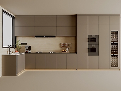 极简封闭式厨房 烤箱 内嵌酒柜 L型厨房连酒柜