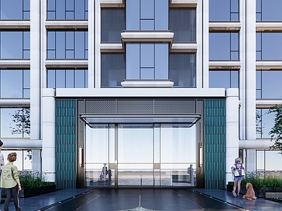 现代新中式小区建筑 高奢门厅 入户大堂