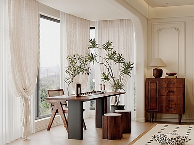 新中式茶室 阳台茶室 窗帘 绿植 中古