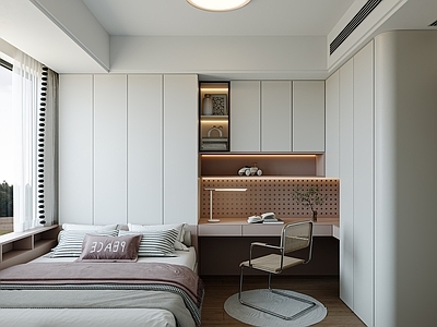 奶油风榻榻米卧室 榻榻米女孩房 粉色调女孩房 吸顶灯