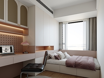 奶油风榻榻米卧室 榻榻米女孩房 书桌衣柜 椅子 电脑