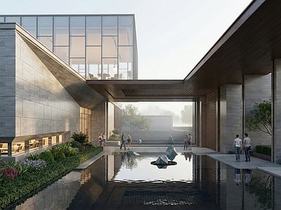 现代新中式活动中心 会所建筑 展厅建筑 活动中心建筑 侘寂庭院 穿孔板建筑