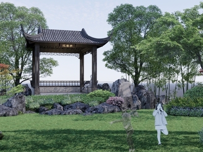 中式庭院四角亭植物组团