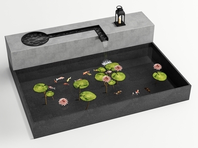 现代水景 荷花池 庭院水景 荷花水生植物 喷泉 鱼池