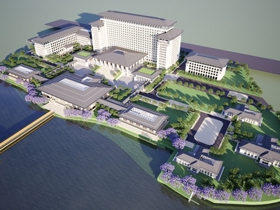 新中式滨水度假酒店迎宾馆建筑群园区 方形 热带滨水